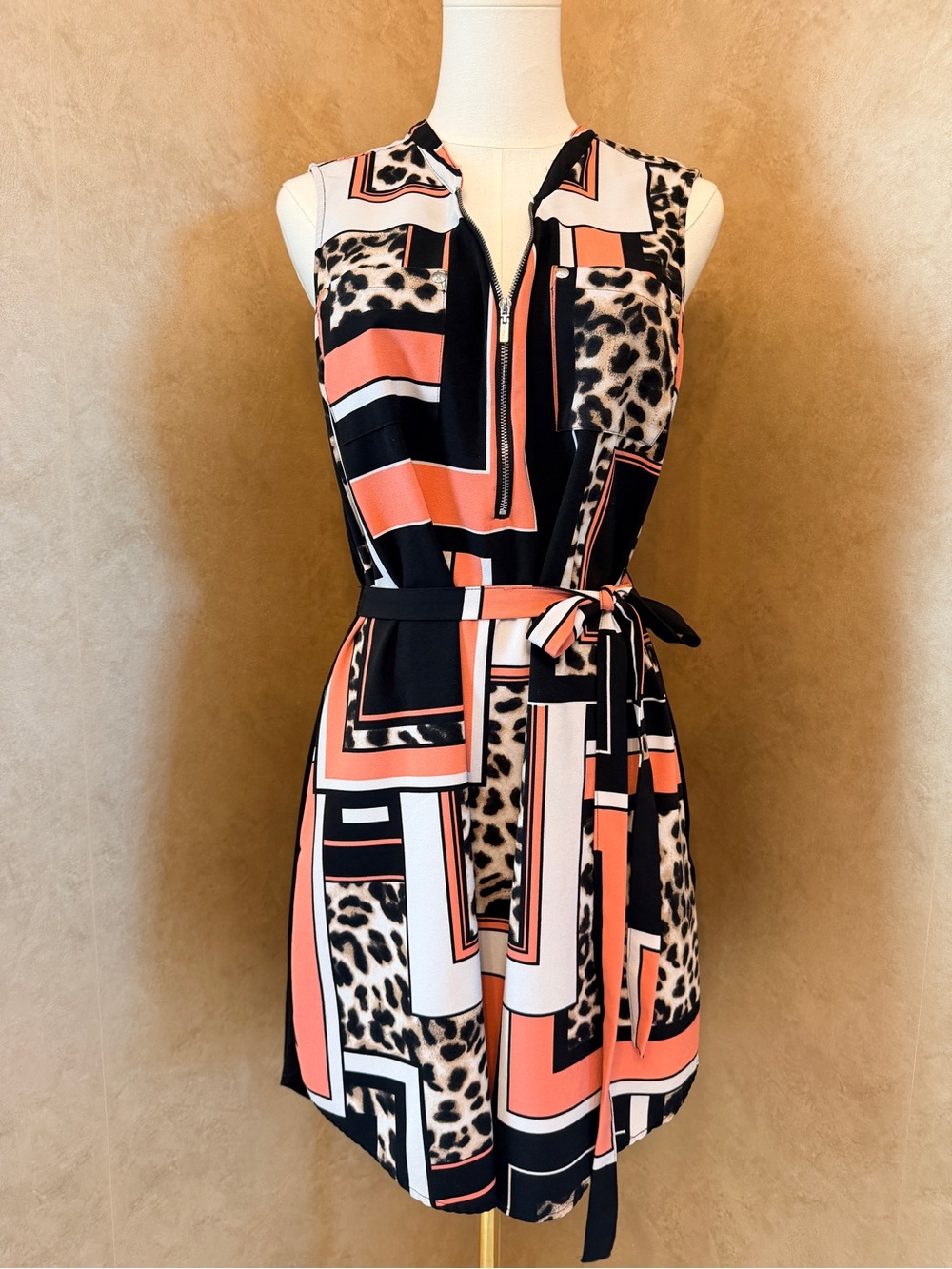 New York & Company Coral, Black & White Geometric Leopard Belted Mini Dress